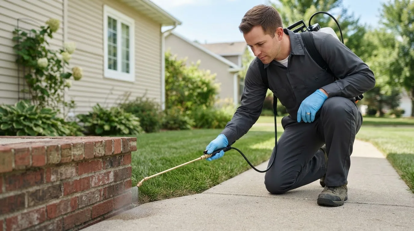 Pest control technician treating a home near Goodwin, AR
