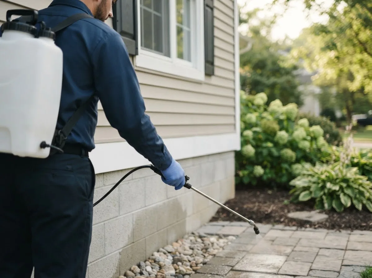 Pest control technician inspecting a home in Goodwin, AR